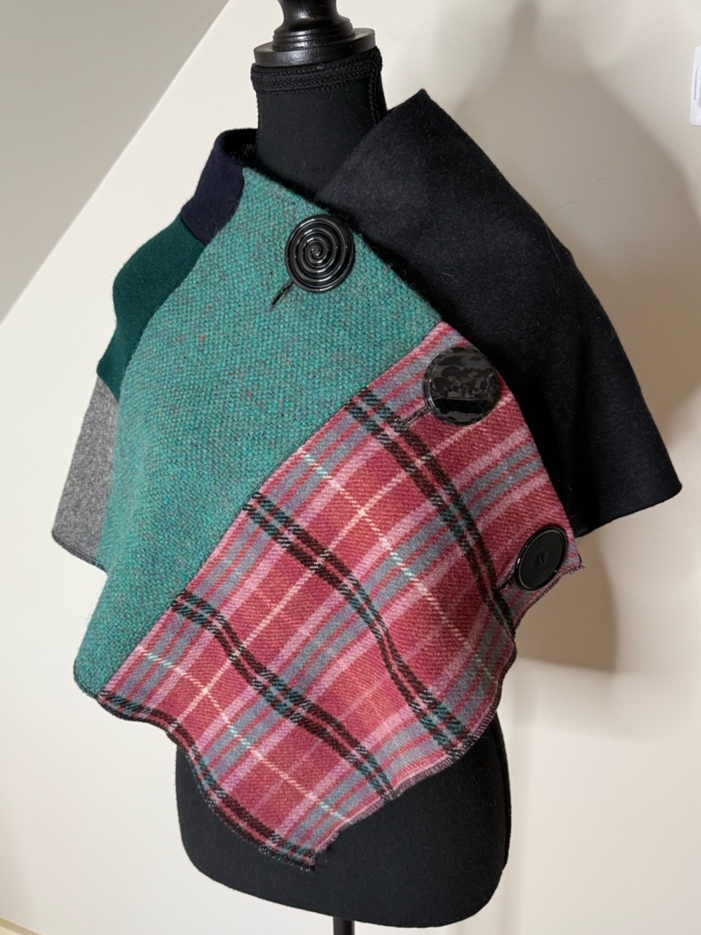 ADHESIF Upcycled Recycled Wool Patchwork Cape Capelet Buttons One Of A Kind - Picture 3 of 9